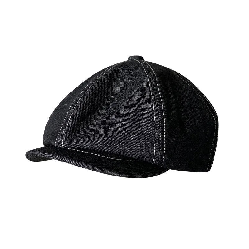Black retro beret with octagonal crown made from Japanese denim cotton fabric