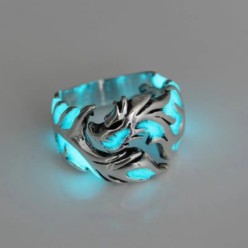 Adjustable Chinese dragon pattern ring with antiqued silver blue and green electroplated finish