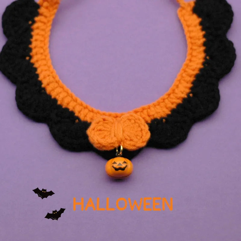 Hand-crocheted wool Halloween collar for pets in pumpkin colours with adjustable sizing