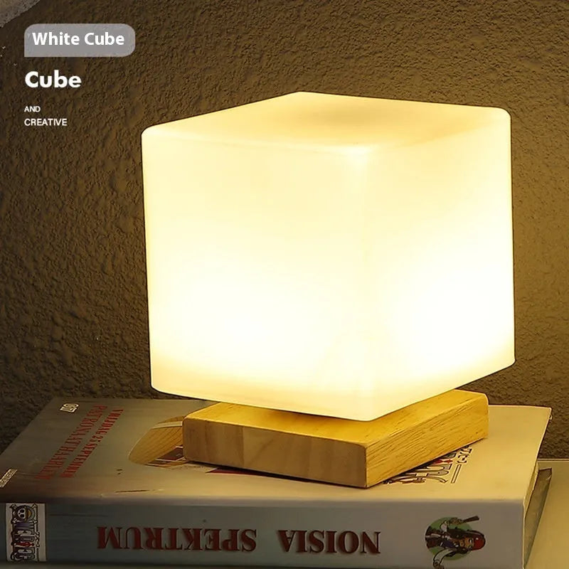 Nordic solid wood USB table lamp showing touch dimming and available shape options including cube and cylinder designs.
