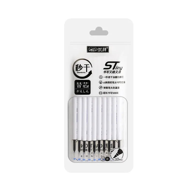 Set of ten quick-drying pen refill cartridges in black, blue, ink blue, and red colours