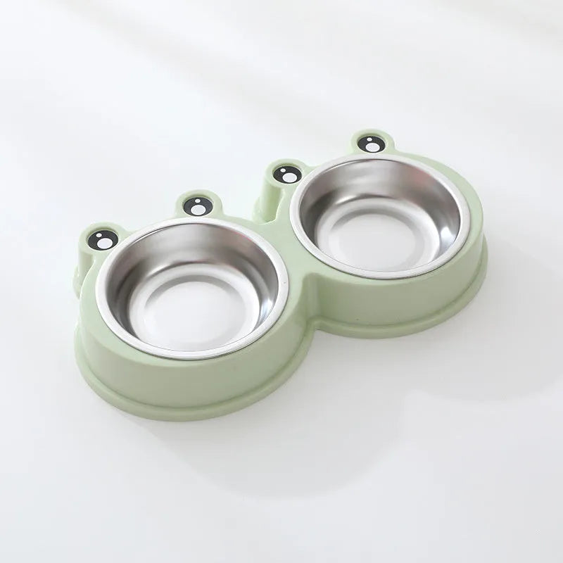 Blue frog-shaped stainless steel double pet bowl for food and water, shown in large size.