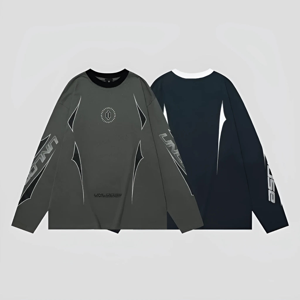 Grey khaki loose fit cotton pullover with drop shoulders, round neck, long sleeves, and a letter print.