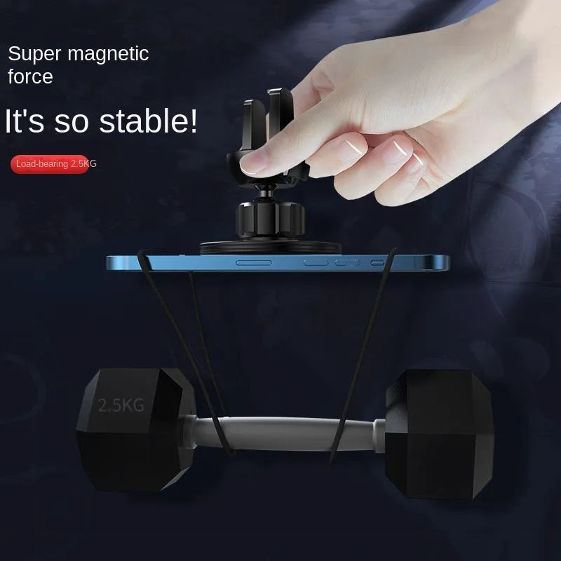 Black aluminium magnetic car phone holder mounted on vehicle dashboard