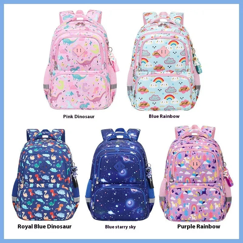 Waterproof Oxford cloth children's school backpack with dinosaur print design and curved shoulder straps