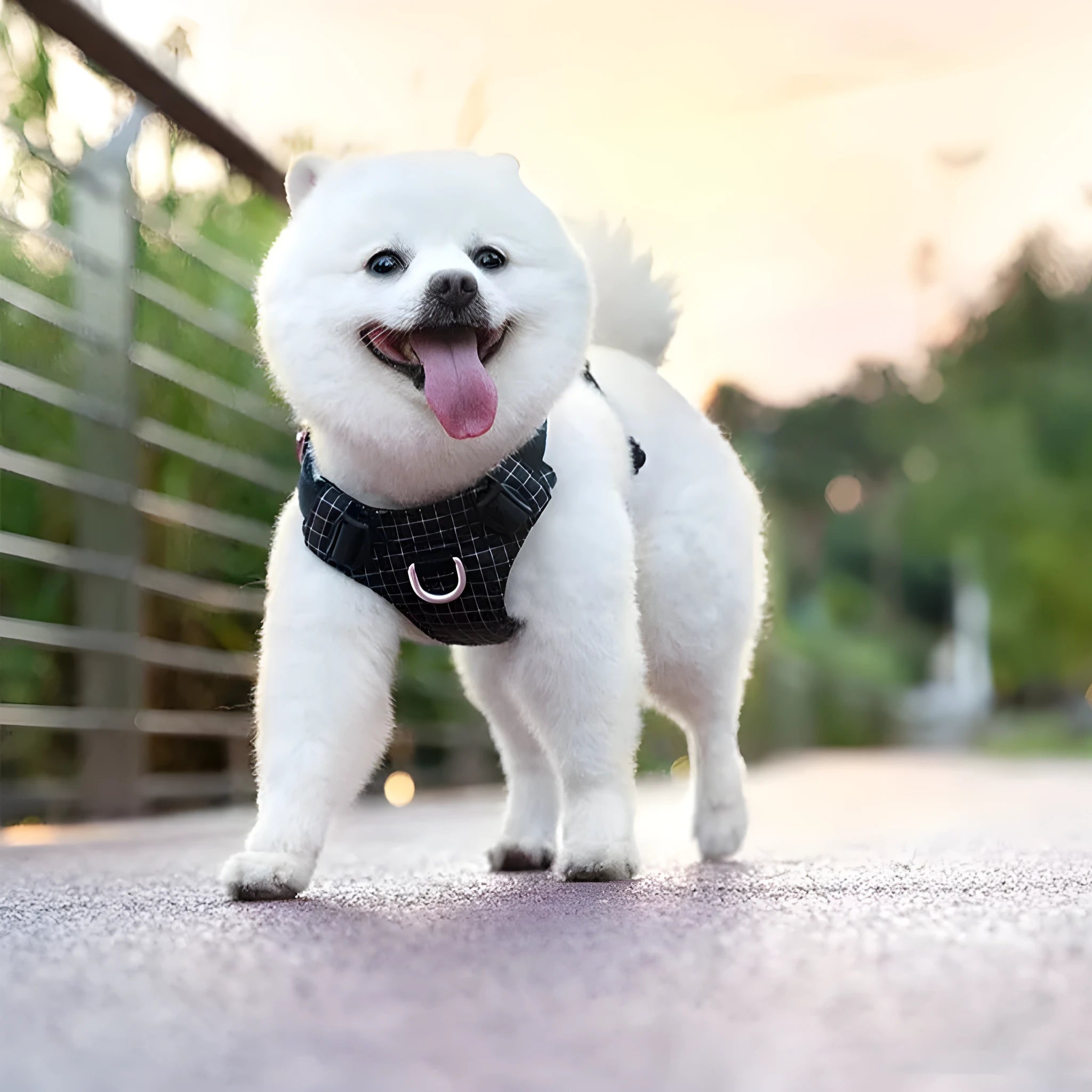 Light purple nylon dog chest harness with built-in LED light on a dog, showing adjustable straps and reflective trim.