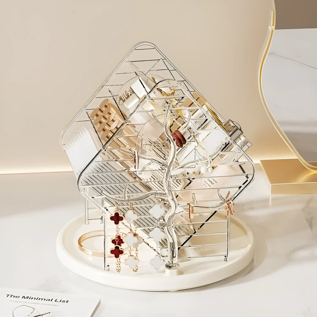 Rotating cosmetics storage box in amber gold colour on a bathroom countertop