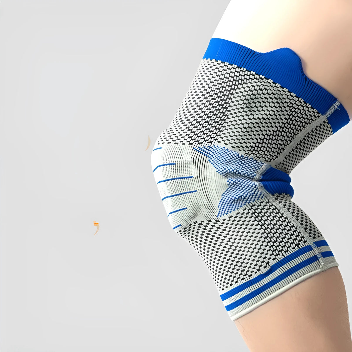 Cotton knee pad with silicone shock absorber in black and blue colour, shown with size tags for M, L, and XL.