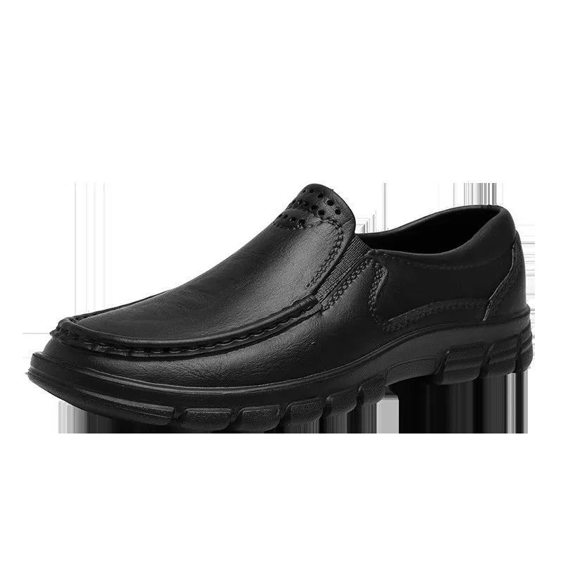 Men's black waterproof platform slip-on shoes with artificial leather upper and mid-heel design