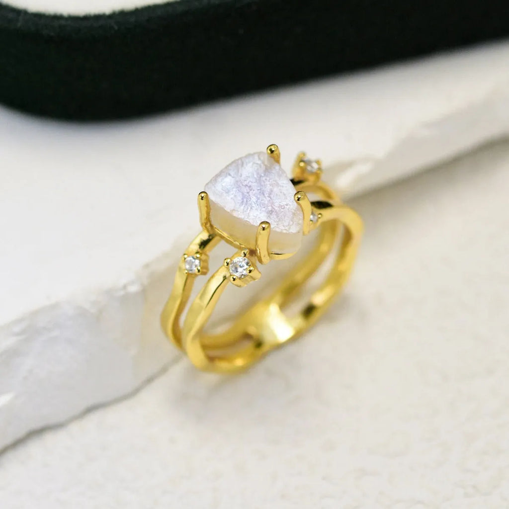 S925 silver geometric ring with triangular moonstone setting in rose gold, white gold or yellow gold finish