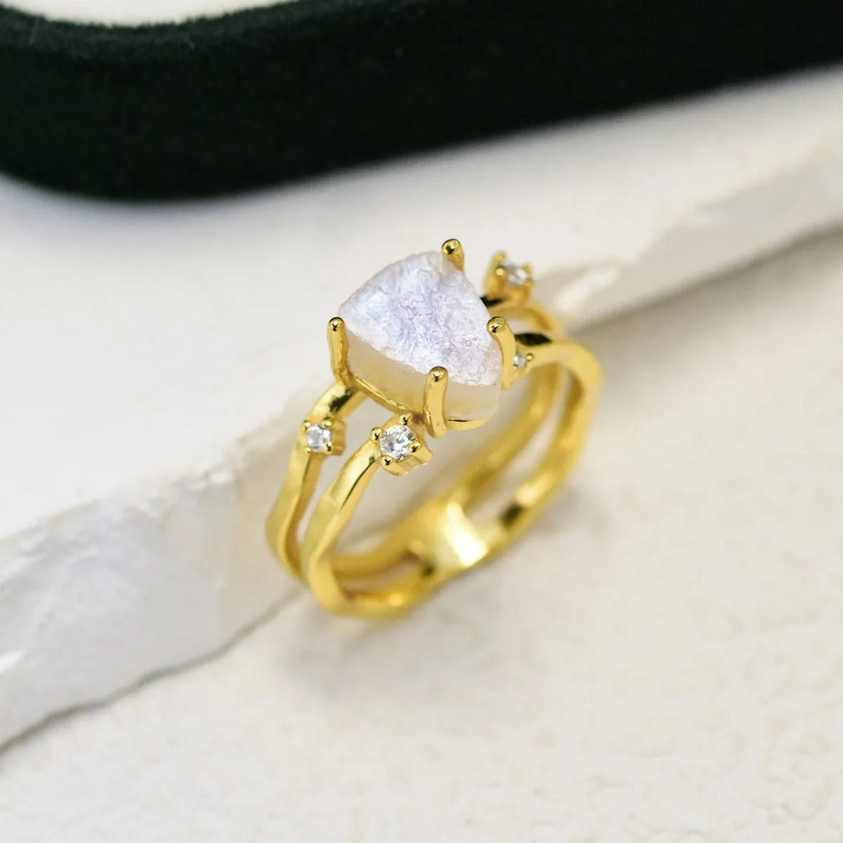 S925 silver geometric ring with triangular moonstone setting in rose gold, white gold or yellow gold finish