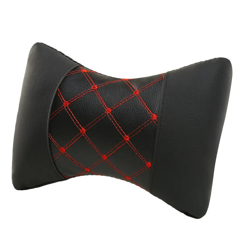Black diamond quilt car headrest cover with coloured piping options on a car seat.