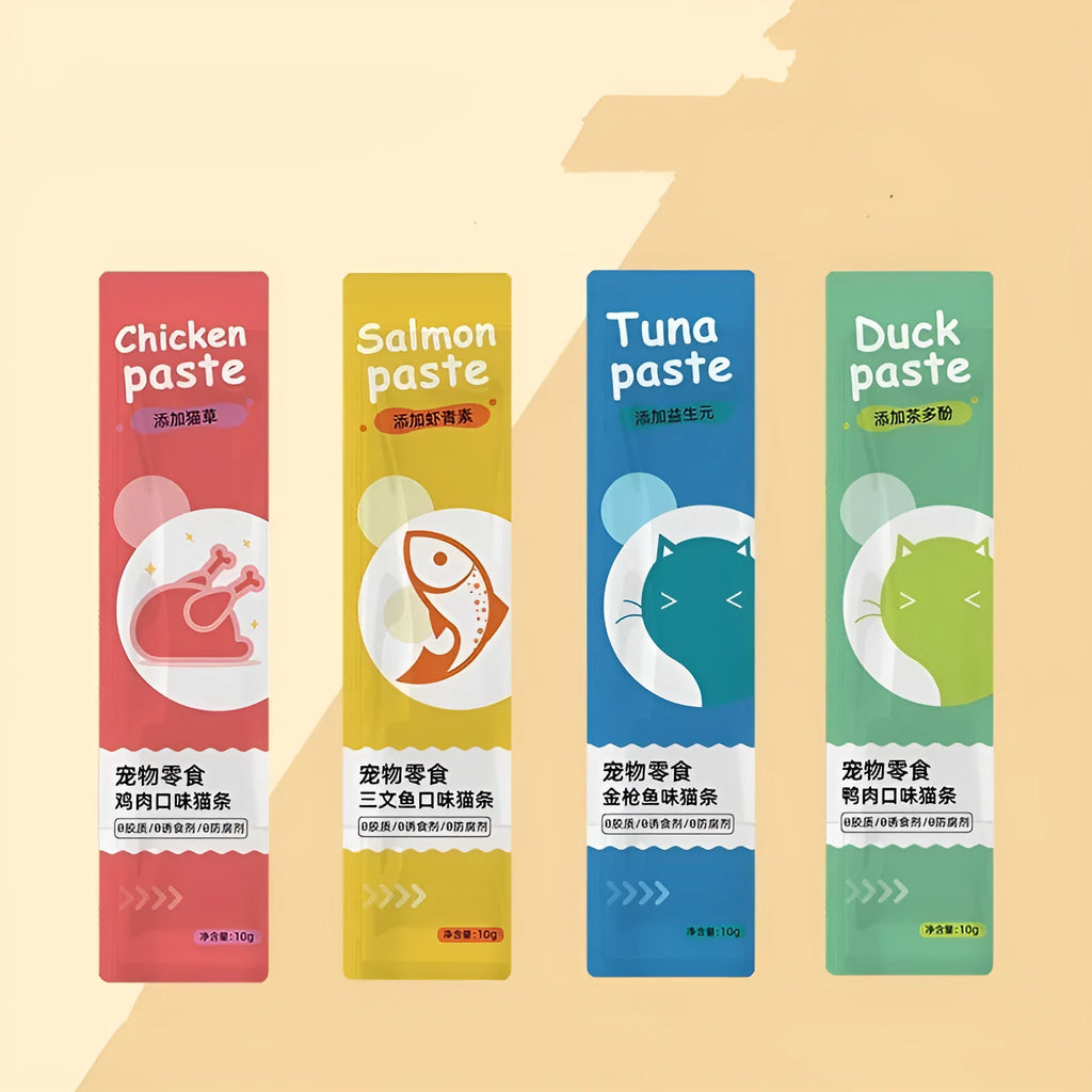 Pouch of 10 cat strip treats showing chicken, duck, salmon, and tuna flavour varieties.