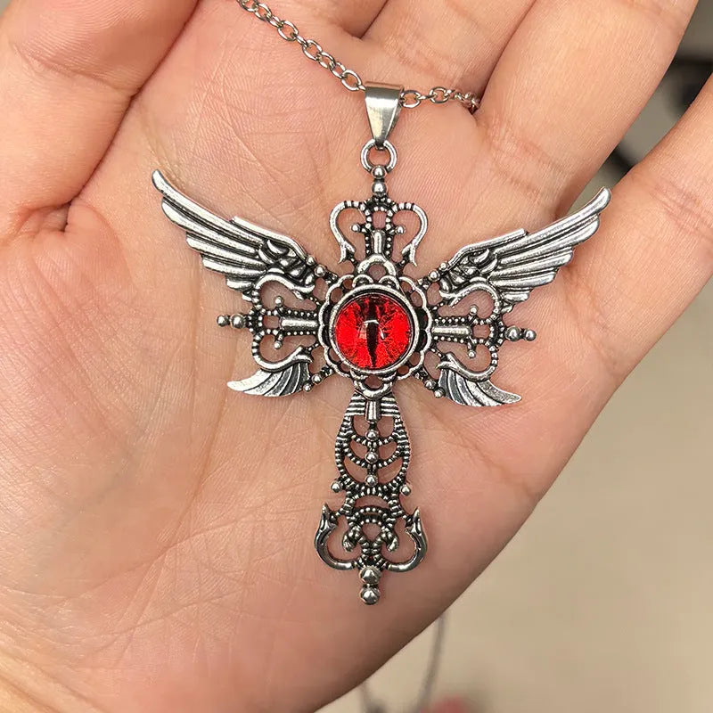 Silver-tone alloy devil wings and cross geometric pendant necklace on a chain.