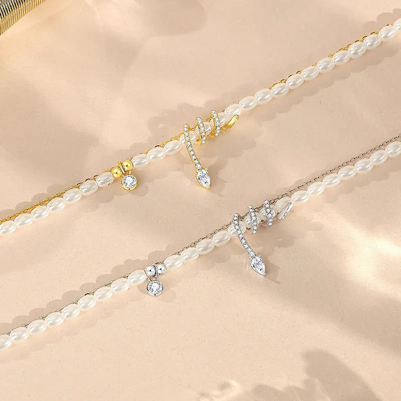 Sterling silver snake beaded bracelet with electroplated gold or white gold finish, zodiac animal design.