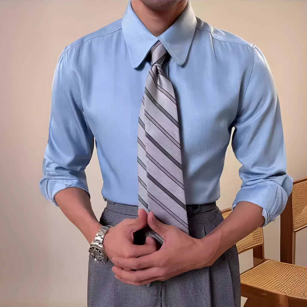 Men's slim fit long sleeve shirt in blue with round collar, business casual style