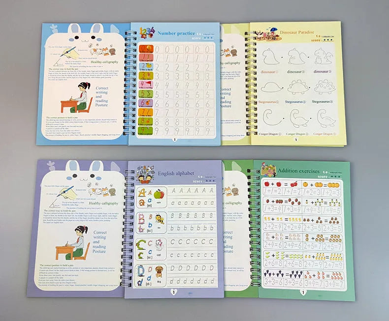 Magic stylus calligraphy copybook set for children with four practice books and pen.