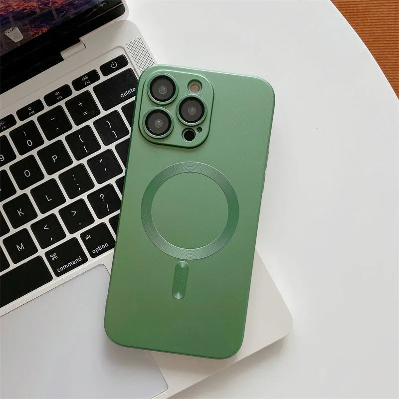 Dark purple aluminium alloy frame magnetic phone case for iPhone with a snap closure.