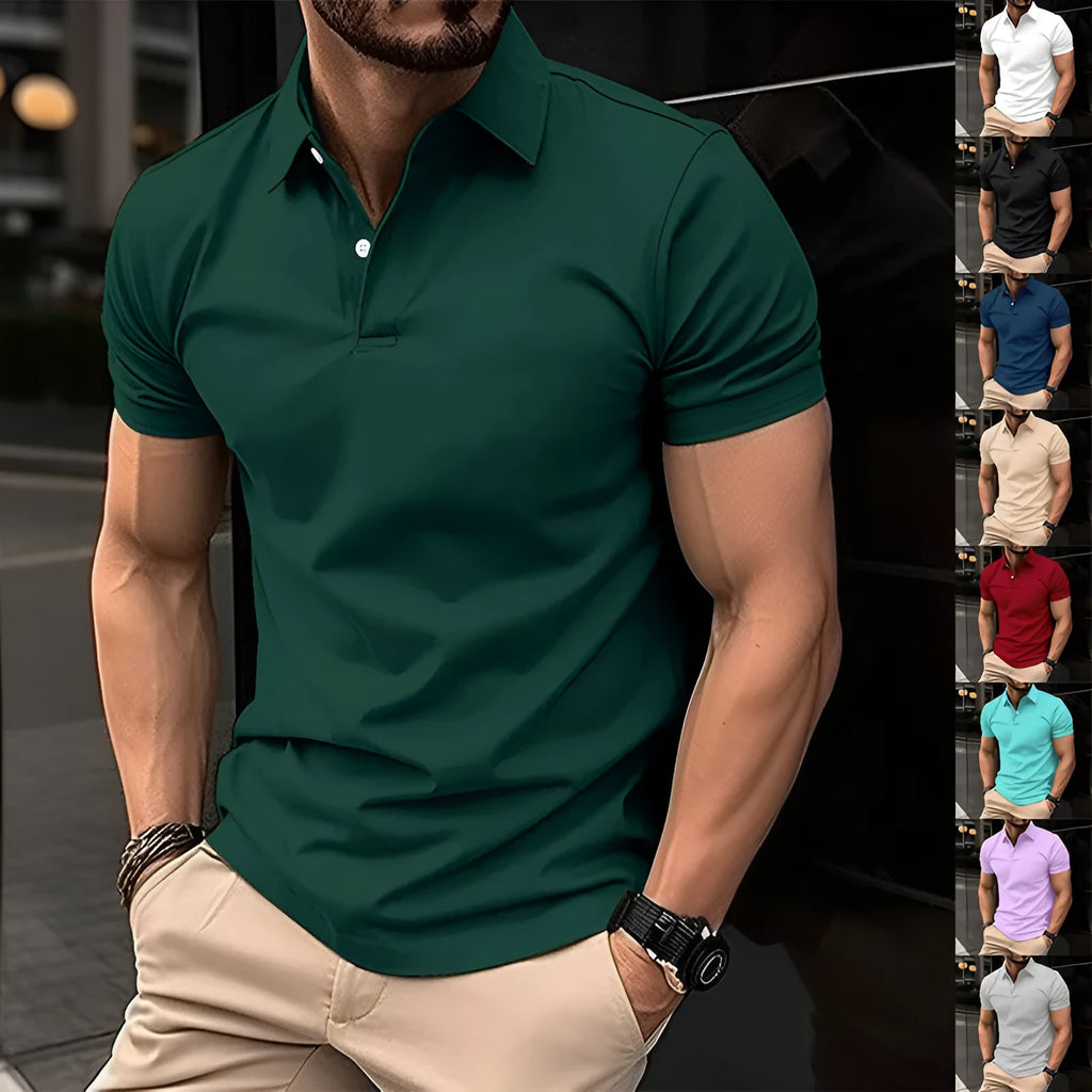Men's solid colour short sleeve polo shirt with button-down lapel collar on a hanger.