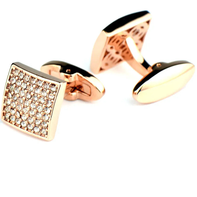 Rose gold star diamond cufflinks with brass base and electroplated finish, unisex French cuff pair in black or white diamond