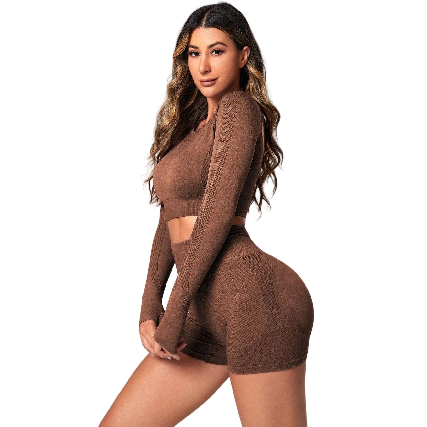 Women's black yoga suit with high waist and long sleeves for yoga practice