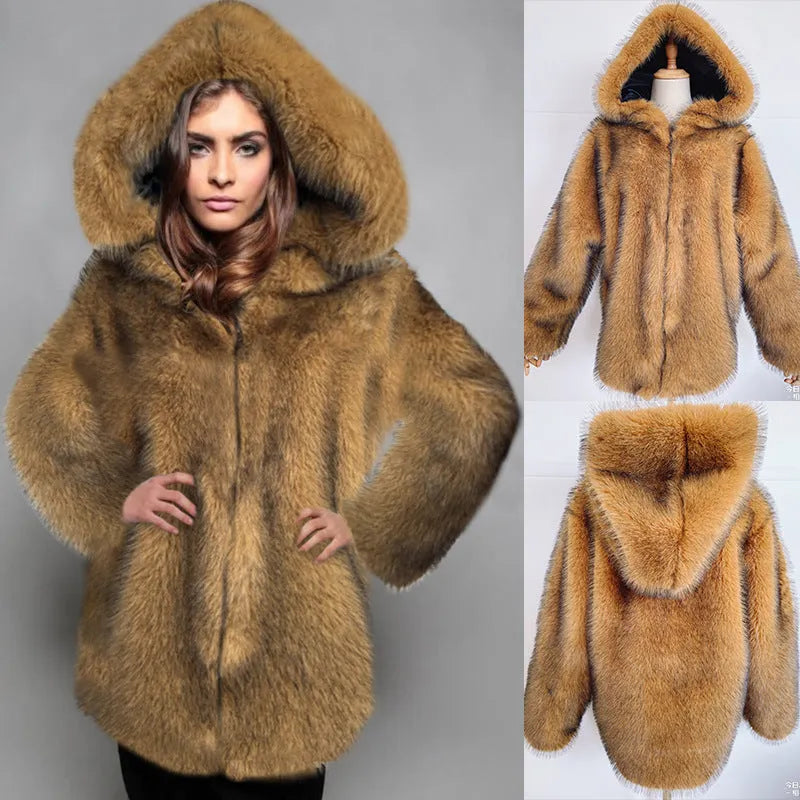 Silver grey mid-length artificial fur coat for women with loose fit design