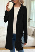 A loose-fit long sleeve knitted cardigan jacket in black, grey, or wine red.