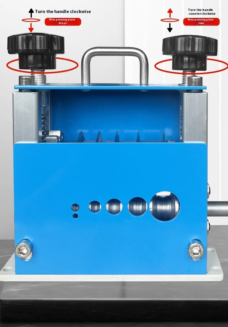 SD-017 manual wire stripping machine showing adjustable ports for 0.5-17mm wires