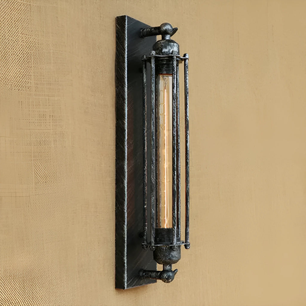 Industrial style retro flute iron wall lamp in silver finish on a wall.