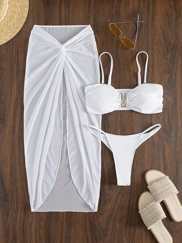 Women's multicolour three-piece bikini set with long culottes in French style design