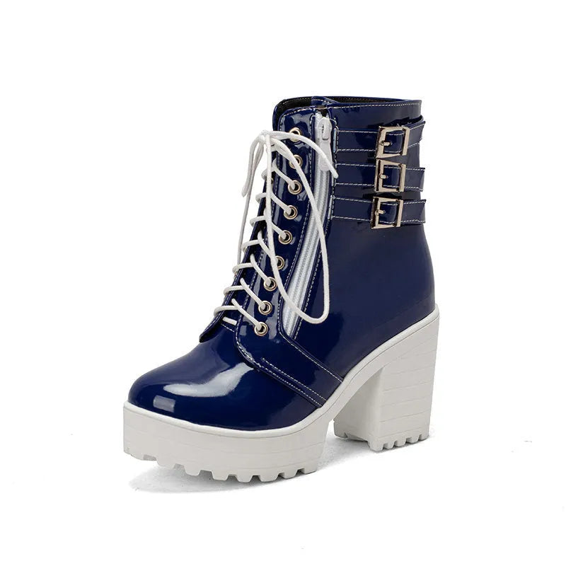 Women's black ankle boots with 6-8cm heel, waterproof platform, and front lace-up design