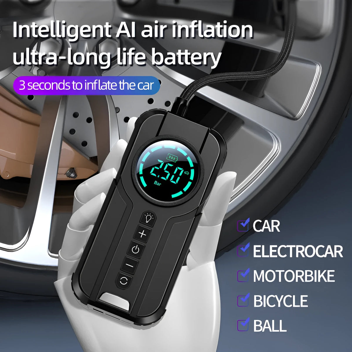 Black wireless portable car air pump with digital gauge, 6000mAh battery, and assorted valve adaptors on a grey background.