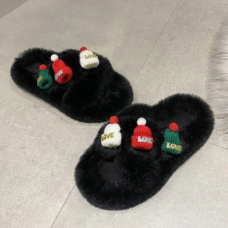 Women's Christmas hat design slippers with hairy faux plush upper and rubber soles