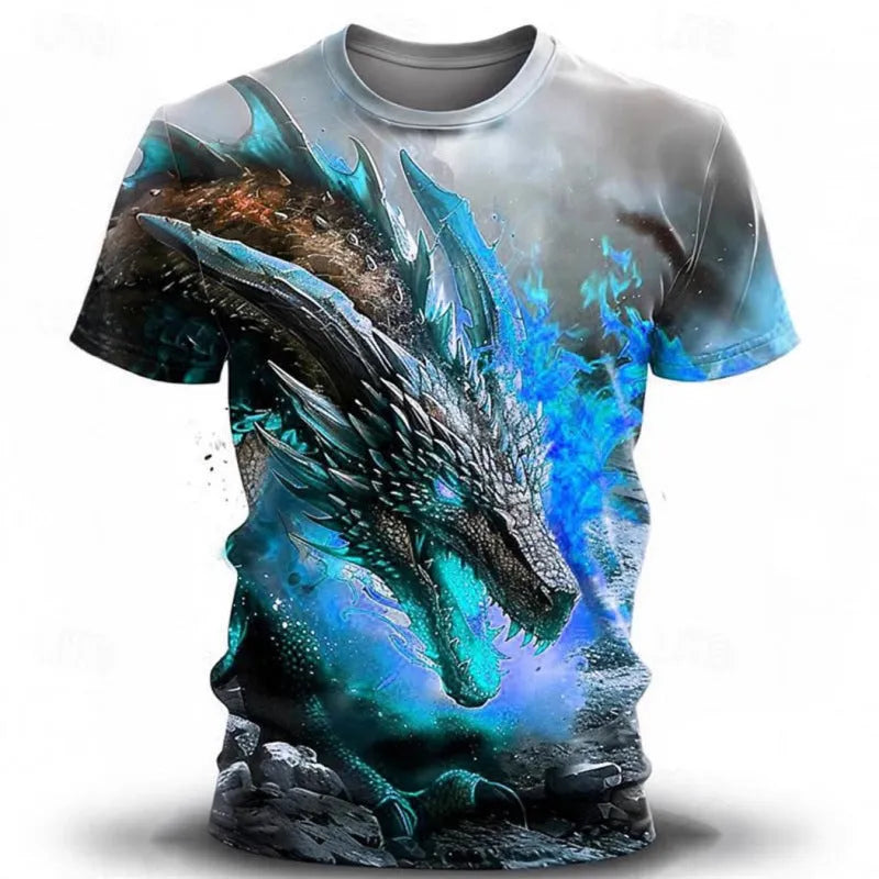 Men's grey short-sleeved T-shirt with a detailed 3D wind dragon graphic print on the front.