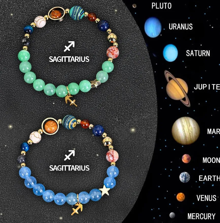 Natural stone zodiac beaded bracelet set showing twelve astrology sign designs