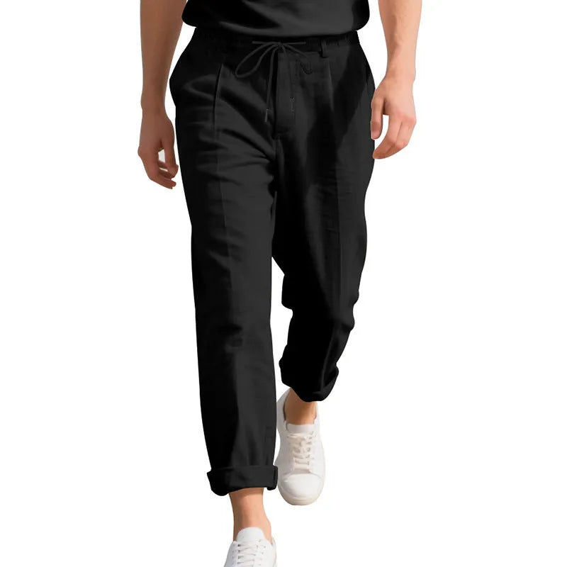 Men's straight-leg linen trousers in army green with drawstring waistband