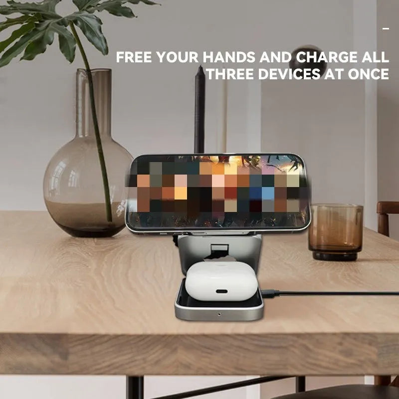 Folding desktop wireless charging bracket holding a phone and a smartwatch at an angle.