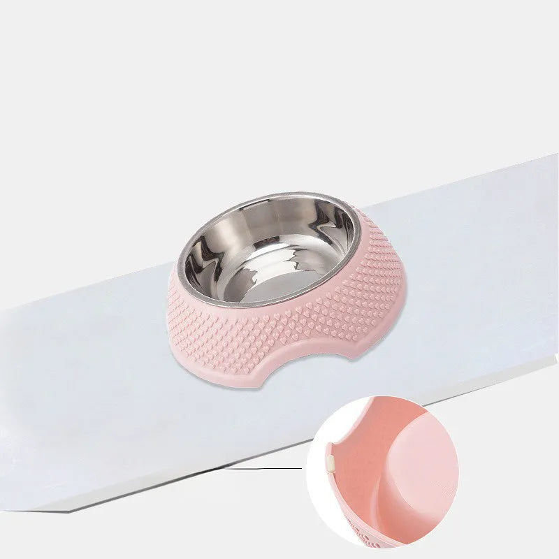 Blue stainless steel pet feeder with four bowls and a non-slip rubber base on a wooden floor.