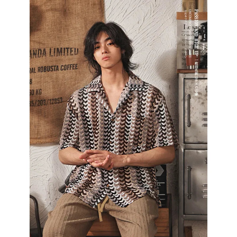 Japanese style Cuban collar short sleeve shirt in grey or red hollow jacquard polyester