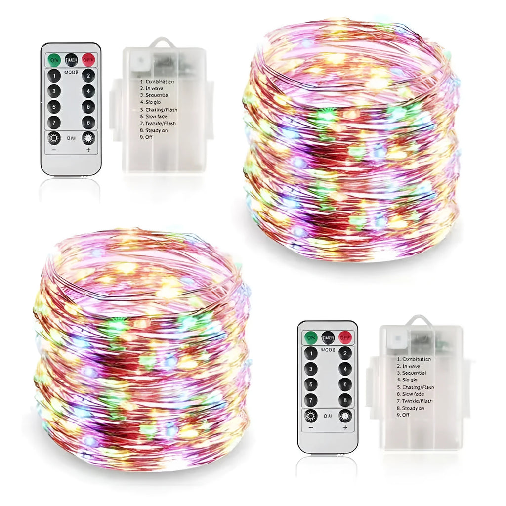 12-metre copper wire LED string lights with 120 bulbs arranged in garden setting
