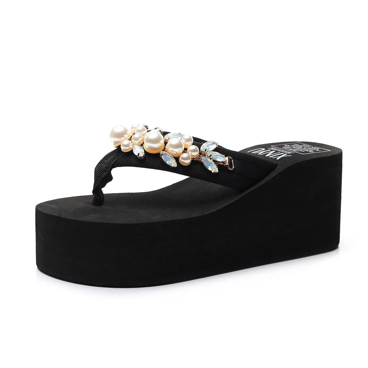 Women's beige high-heeled flip-flops with a cotton cloth upper and an adjustable strap.