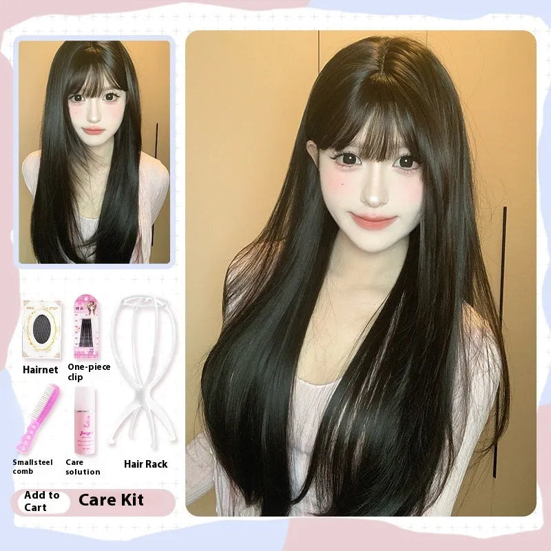 Dark brown long straight synthetic wig with fringe for round face shapes on wig head