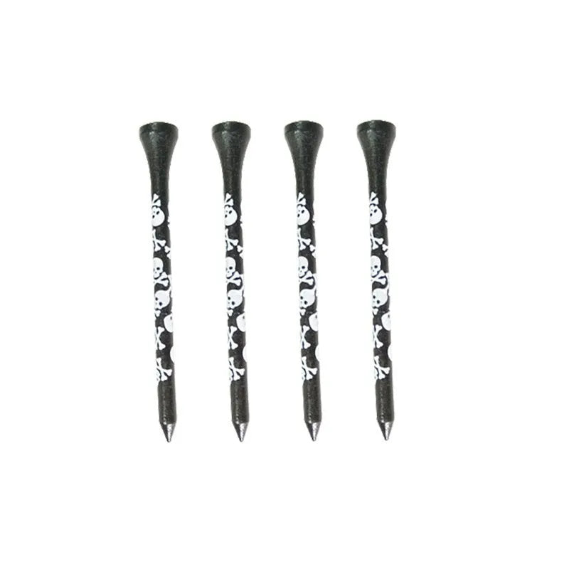Ten bamboo golf spike dowel pins with black skull print, showing 70mm and 83mm length options.