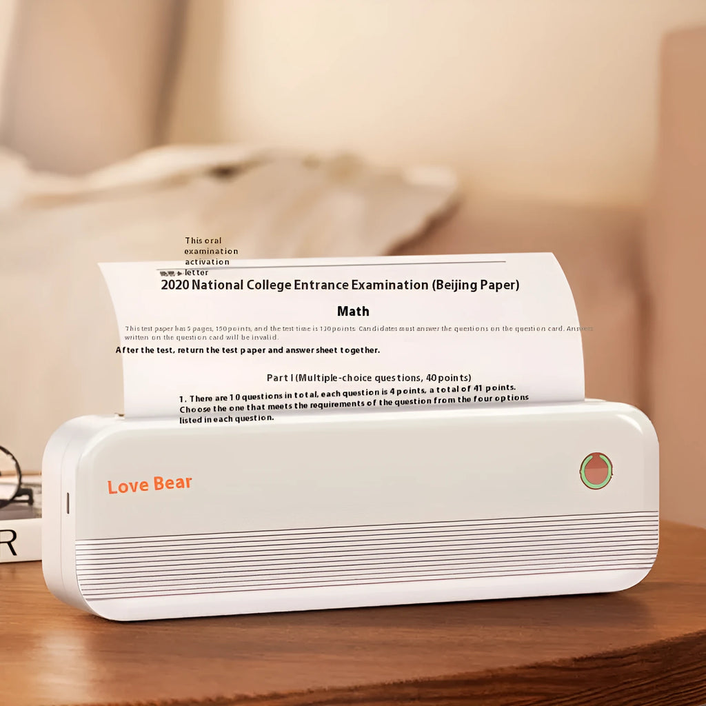 Ailixiong P40 small portable A4 thermal printer in blue or white on a desk.