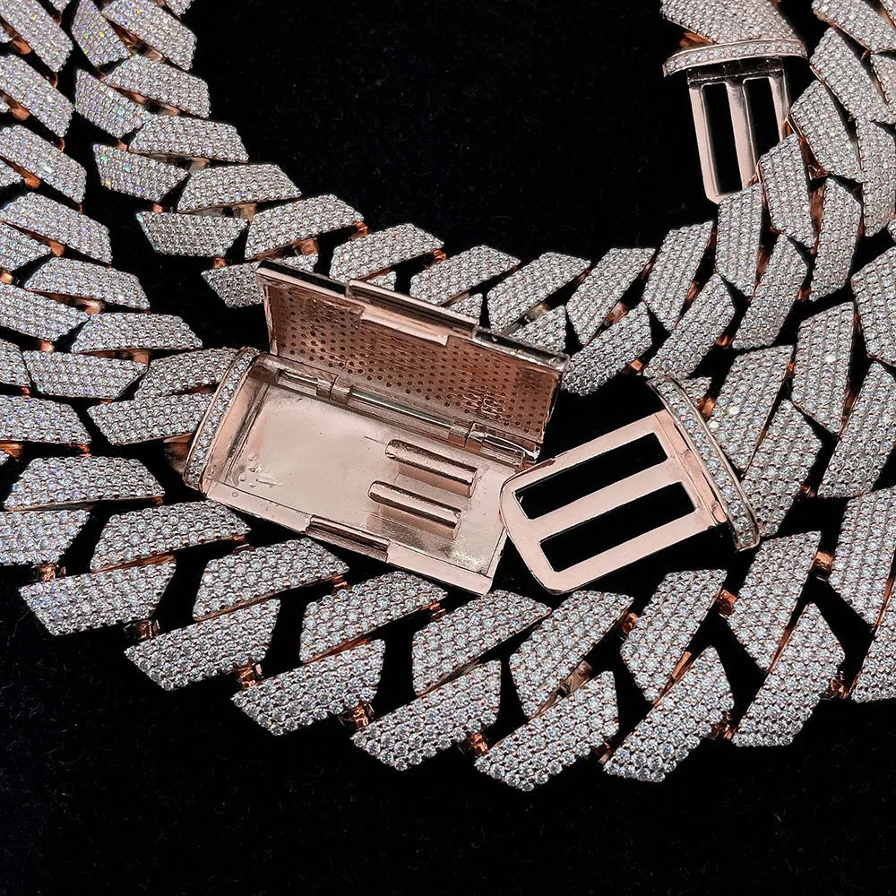 Moissanite Cuban link chain necklace in S925 silver, 18mm wide, shown in gold, platinum or rose gold