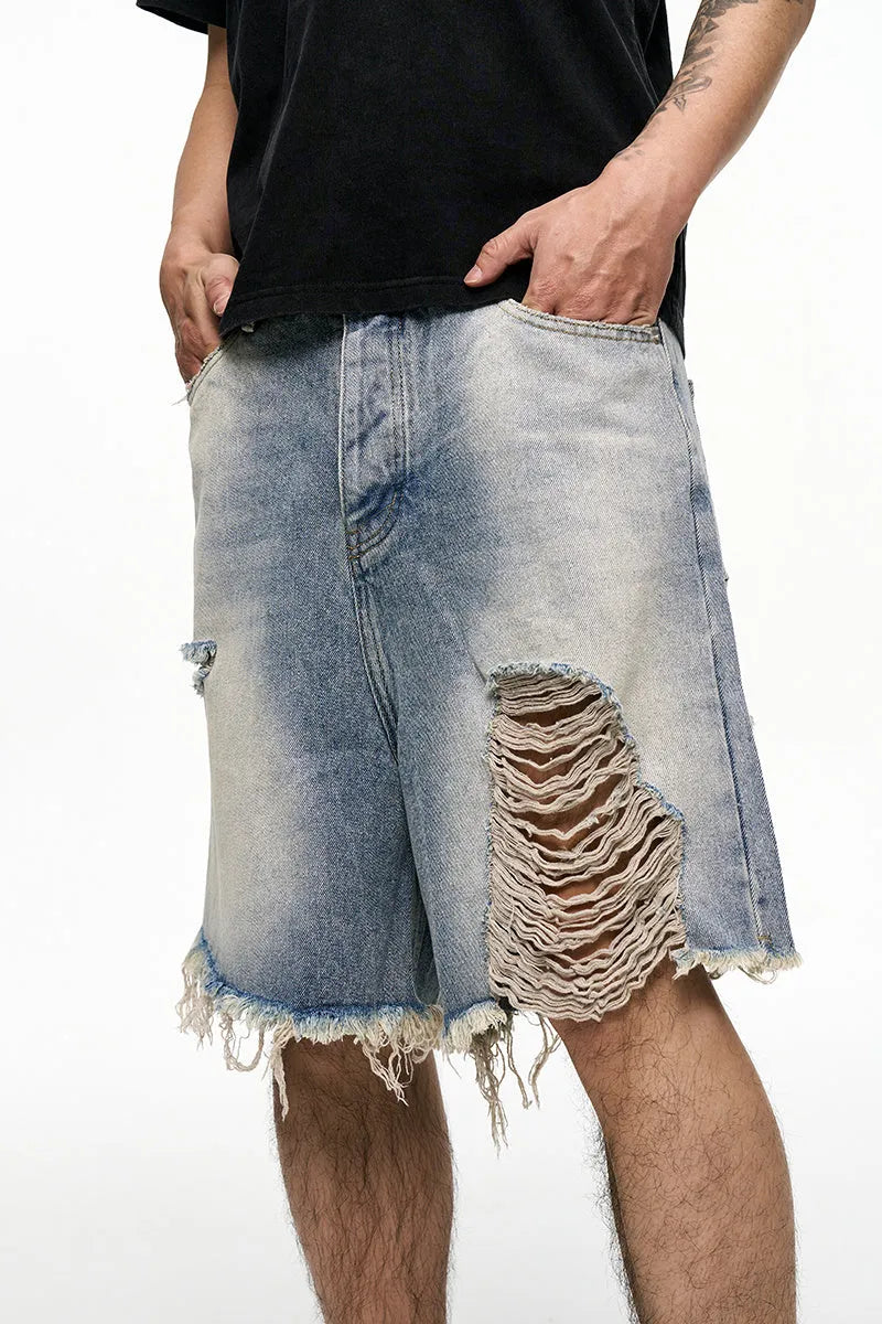 Light blue retro washed men's baggy denim shorts with wide-leg design and mid-waist fit