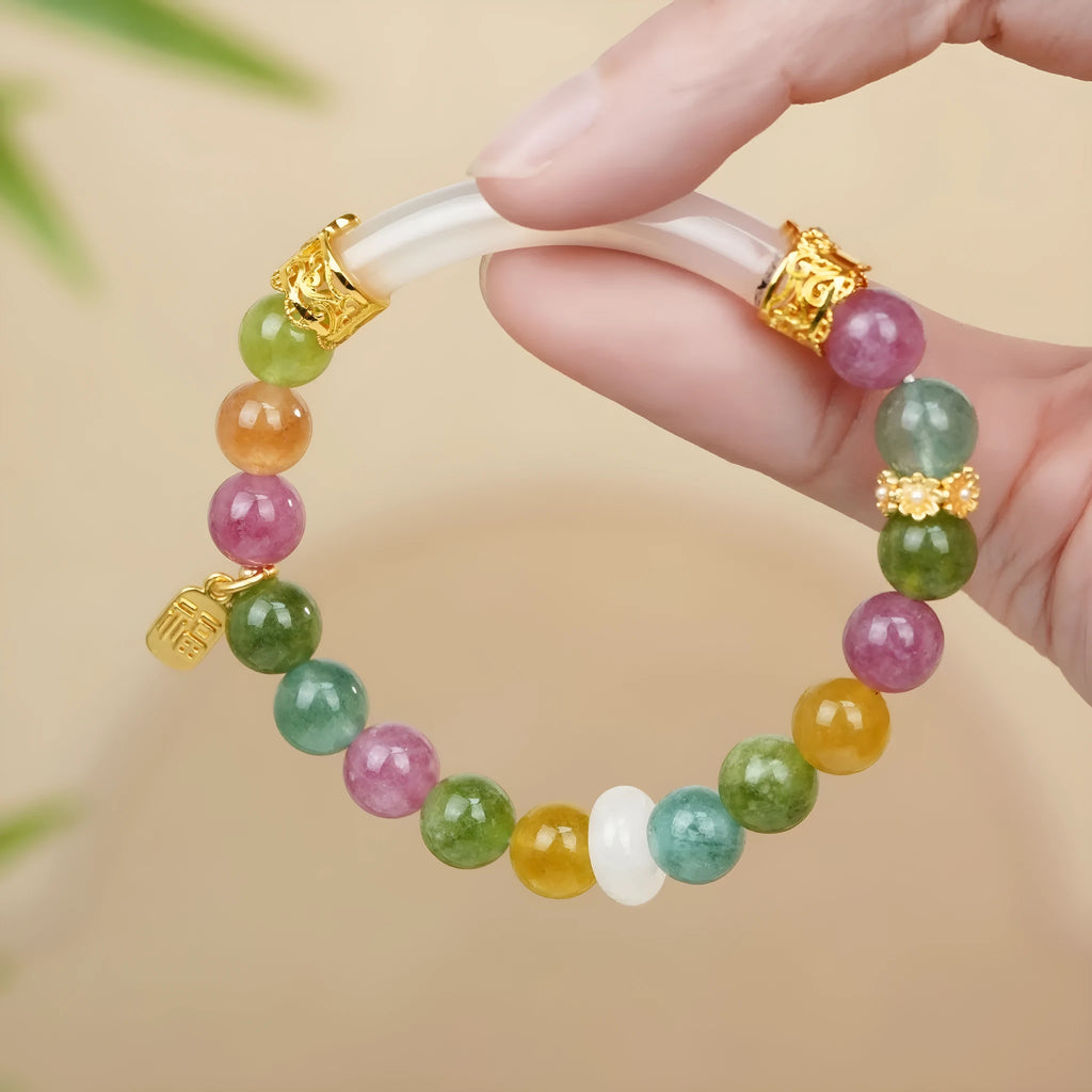 Natural tourmaline rainbow coloured half bracelet for women with electroplated finish.
