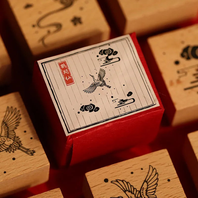 Mr Paper wooden seal set showing handcrafted stamp with crane design for DIY printing projects