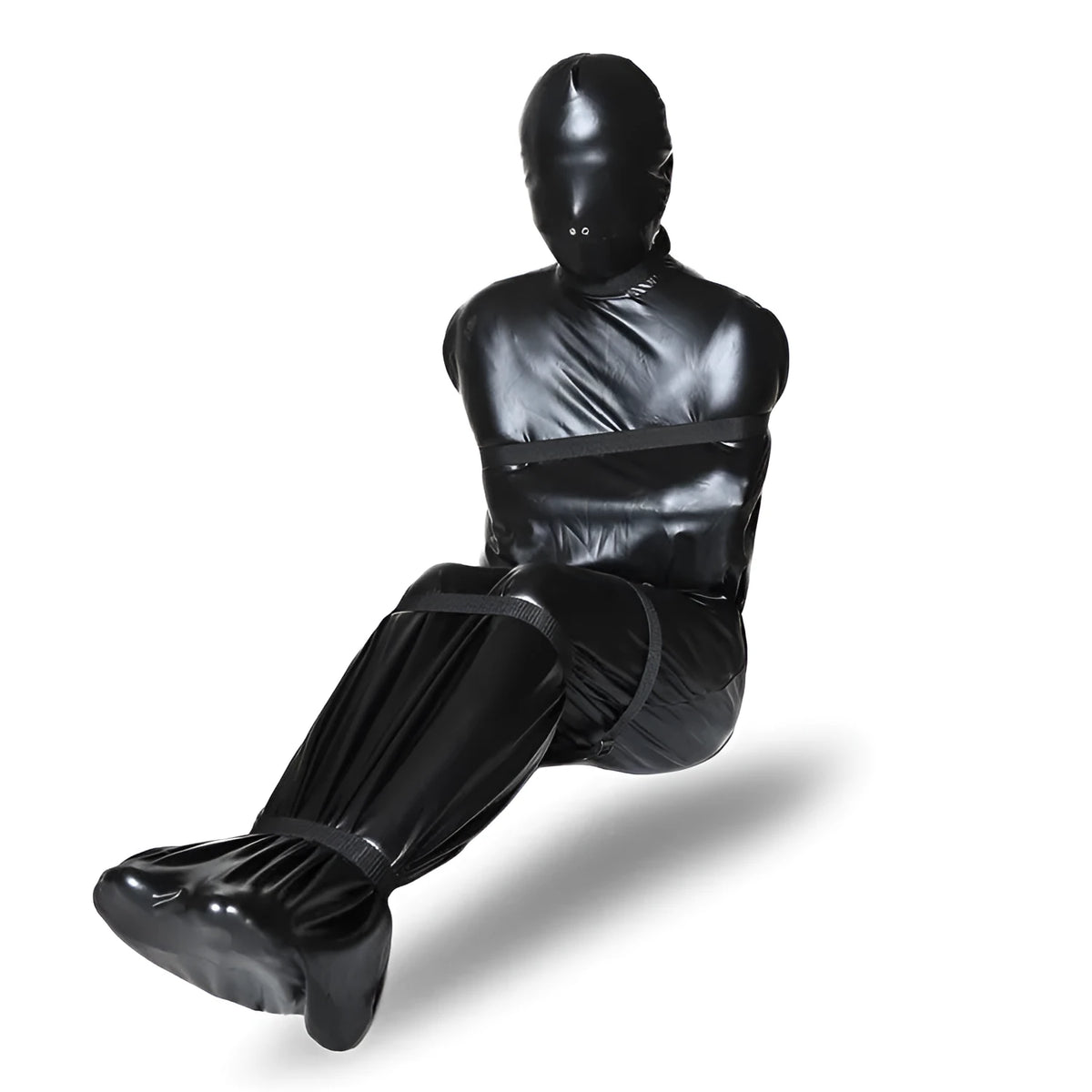 Black patent leather adult restraint harness with full body wrap and six ratchet tie-down pieces
