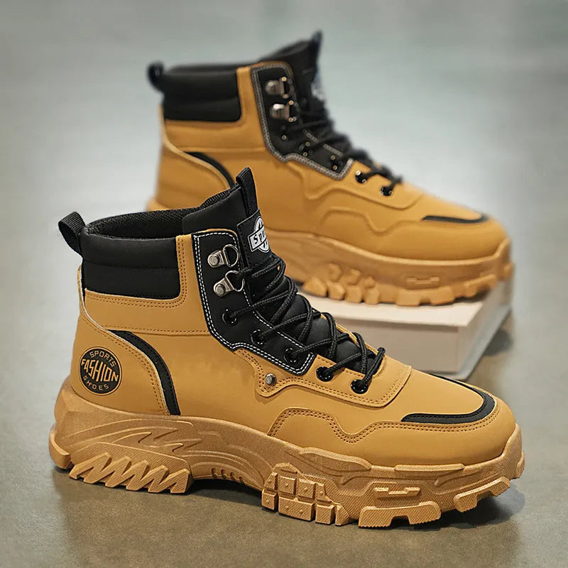 Men's black and yellow Martin boots with high-top design and injection moulded soles